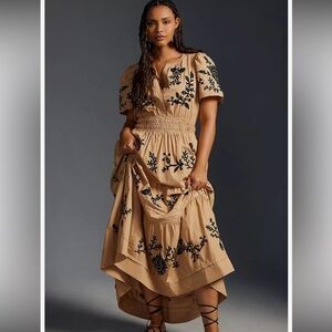 Anthropologie Somerset Tan and Black Embroidered Maxi Dress